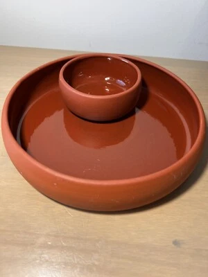 VTG BORTNER & BORTNER TerraCotta Glazed Round Chip & Dip Serving Tray Bowl 10” - Image 1 of 4