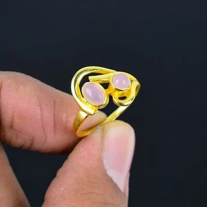 Handmade 18k Gold-Plated Two Stone Rose Quartz Pink Flower Designer Ring - Picture 1 of 4