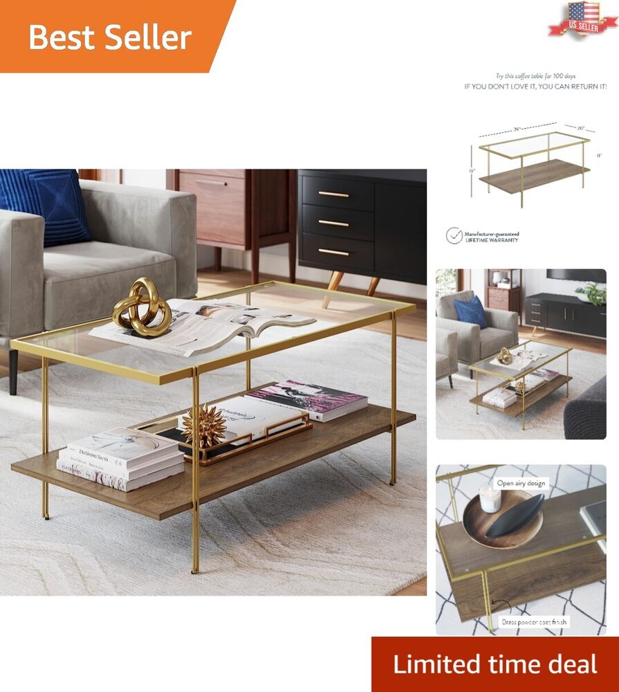 Modern Sleek 2-Tier Glass Top Coffee Table - Rustic Oak Shelf, Brass Legs