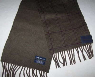 NWT Polo Ralph Lauren OLIVE/TAN/PURPLE PLAID/HERRINGBONE Wool Scarf 65x10 PONY - Image 1 of 3
