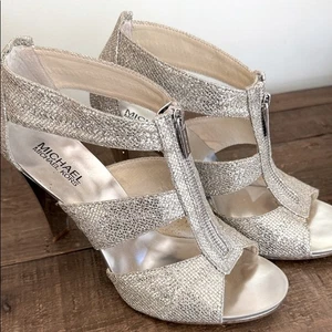 Michael Kors Strappy Zip Front Glittering Silver Heels Sandals Size 9.5 Medium - Picture 1 of 4