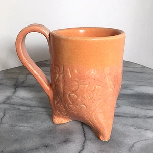 Studio Art Pottery Handmade Orange Glaze Coffee Mug Stamped Embossed Organic - Picture 1 of 6