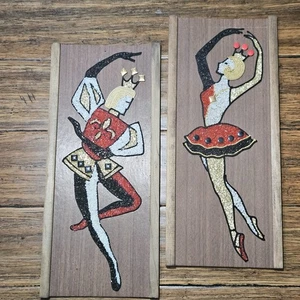 Vintage Pair Harlequin Dancers Gravel Wall Art Mid Century Red Black Gold Wood - Picture 1 of 8