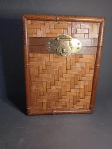 13.5×9.5×6 Chinoiserie Faux Bamboo Wine Chest Trunk Herringbone Woven Wicker - Picture 1 of 7
