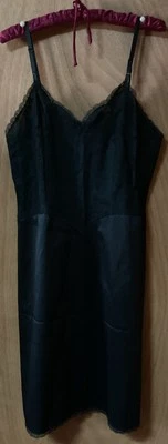 Vintage Vanity Fair Tricot Black Full Slip Lace Top Satin Look Skirt Size 36 - Image 1 of 4