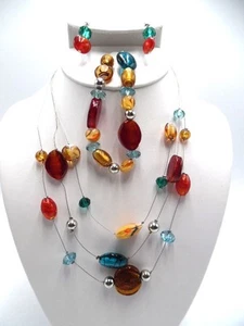 3pc clip on multi colored beaded necklace, earrings and stretch bracelet set - Picture 1 of 5