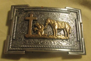 Praying Kneeling Cowboy Horse at Cross, Religious Faith Western Belt Buckle - Picture 1 of 2