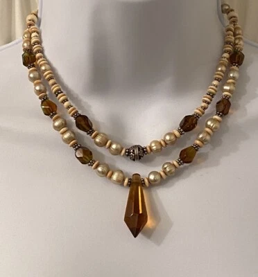 Collar Artisano BOHO Doble Hilo Plata Piedra Perla Vidrio Cuentas Distintivo Foto 1 de 4