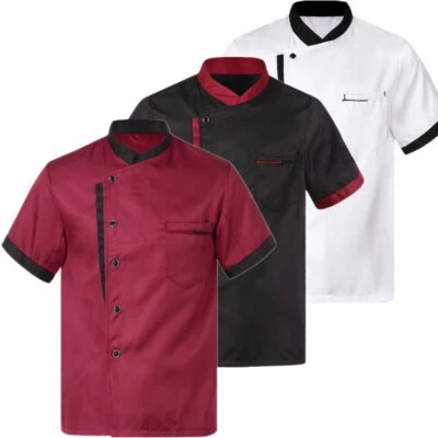 Men's Chef Coat Uniform Short Sleeve Cook Jacket Restaurant Kitchen Workwear Top - Image 1 of 4