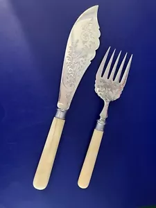 Antique Fish Serving Set Knife & Fork Silver Plate Celluloid Handles English - Picture 1 of 7