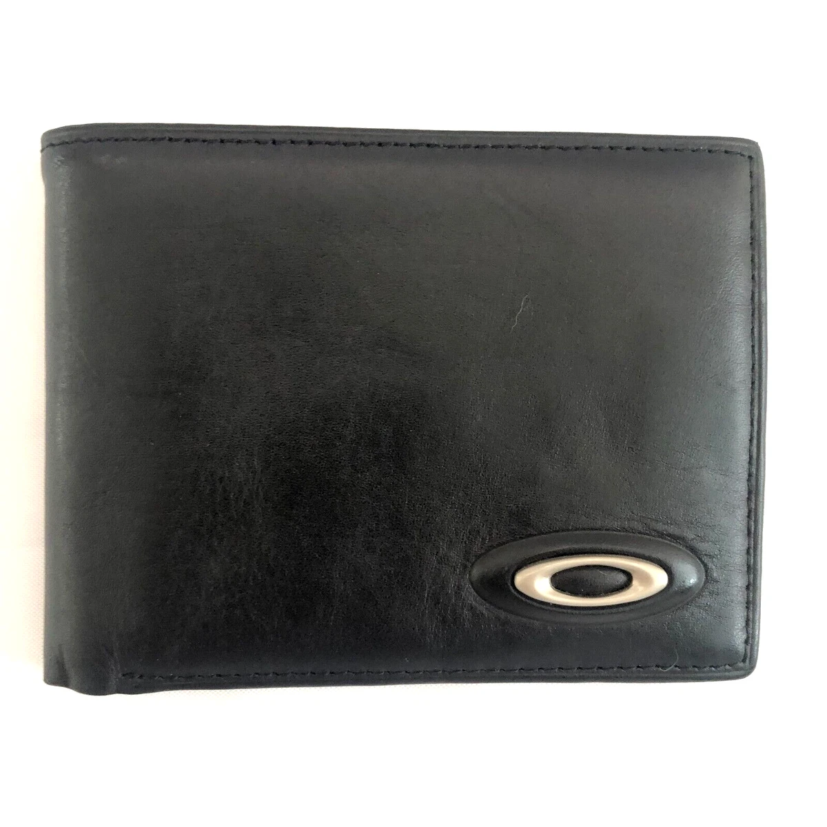RARE OAKLEY LEATHER WALLET Black w Silver Icon Bi-Fold ID Credit