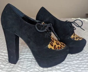 Buffalo London Heels 6.5 Platform Black Brown Lace Up Block Heel Cheetah Print - Picture 1 of 8