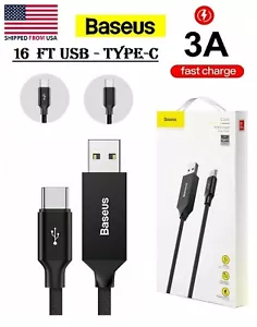 Baseus 5M 3A Fast Charge Type-C to USB Braided Charging Data Cable QC 3.0 16 FT - Picture 1 of 9