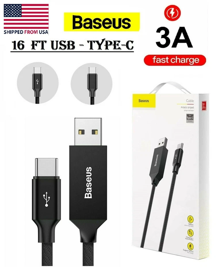 Baseus 5M 3A Fast Charge Type-C to USB Braided Charging Data Cable QC 3.0 16 FT - Image 1 of 4