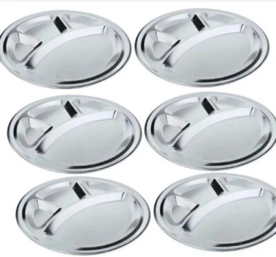 Juego de 6 placas Thali de acero inoxidable de 4 compartimentos Bhojan Thali Foto 1 de 3