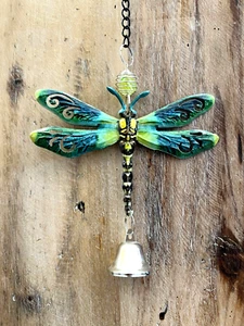 Dragonfly Metal Hanging Ornament with Bell 7"L Green ( 2 pack) - Picture 1 of 5