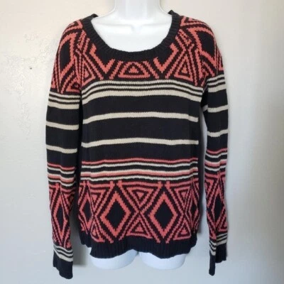 Volcom XS Machu Peaches Sweater Black Coral Ivory Triangle Stripes Pullover Top - Image 1 of 4