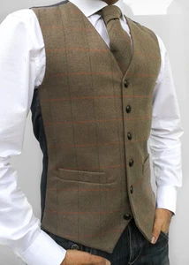 MENS WOOL BLEND TWEED BROWN TAILORED FIT HERRINGBONE CHECK WAISTCOAT VEST - Picture 1 of 19