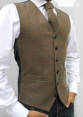 MENS WOOL BLEND TWEED BROWN TAILORED FIT HERRINGBONE CHECK WAISTCOAT VEST - Image 1 of 4