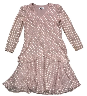 Patra Shift Dress 10 Pink Chiffon Geometric Satin Shimmer Sheer Sleeve Vintage - Image 1 of 4