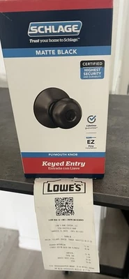 Schlage Plymouth Matte Black Keyed Entry Door Knob New In Box - Image 1 of 4