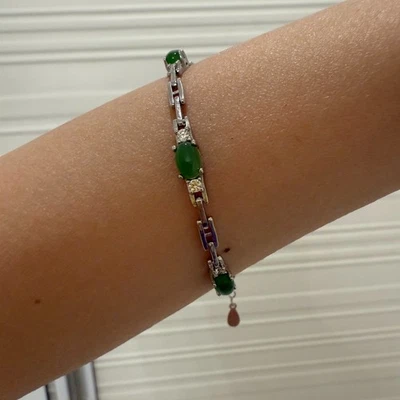 925 Sterling Silver Bracelet 6x4mm Oval Green Emerald Gemstone Jewelry Women - Image 1 of 4