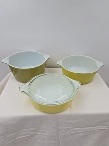 Vtg Pyrex Verde Baking Casseroles Set of 3 #471 #472 #473  One Lid Avocado READ! - Picture 1 of 15