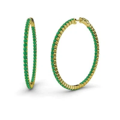 14k Yellow Gold Natural Green Emerald Inside-Out Womens Hoop Earrings R231 - Image 1 of 4
