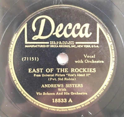 Andrews Sisters ~ East Of The Rockies / When Johnny Comes Marching~ 1942 78 RPM - Image 1 of 4
