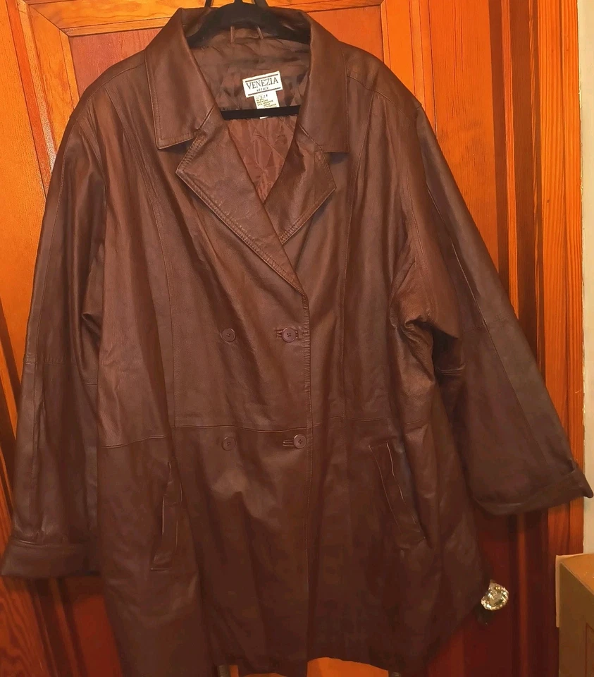 复古 70 年代皮革真皮风衣夹克纽扣女式 14 码 (32w) — 第 1/4 张图片