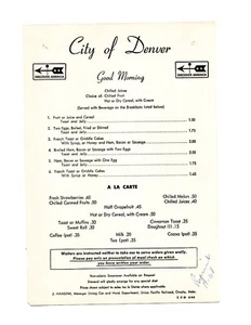 Menú ORIGINAL UNION PACIFIC RAILROAD Ciudad de Denver 1968 desayuno - Imagen 1 de 2