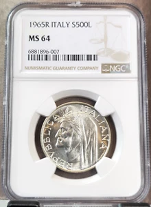 1965 ITALY SILVER 500 LIRE DANTE ALIGHIERI NGC MS 64 SCARCE BEAUTIFUL BU - Picture 1 of 3