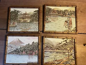Tapiz tejido de colección Kioto Japón colgante de pared templo pescador marco de bambú - Imagen 1 de 12