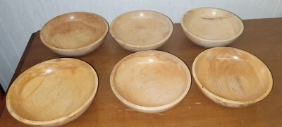 VINTAGE (6) Wood Bowls 6" X 2" Shallow Salad Bowls Blonde Wood 1960s Estate Sale - Image 1 of 4