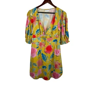Aiyana Sz XL Mustard Floral Tie Front Cutout Puff Sleeve Dress Spring Graduation - Picture 1 of 12