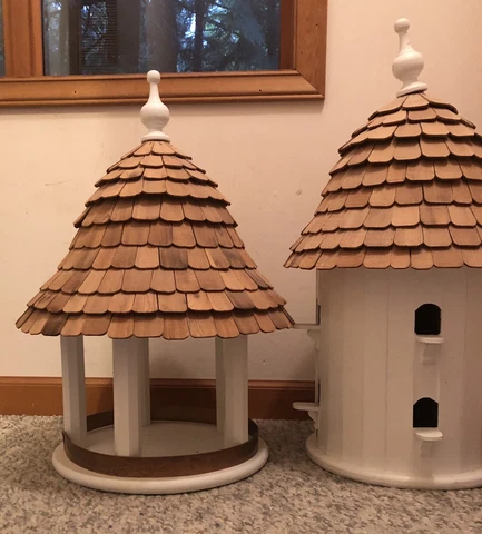 2 LRG Decorative Birdhouses Handmade Cottagecore Shake Roof Entry Covered Porch Cover