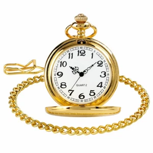 Golden Smooth Steampunk Quartz Pocket Watch Stainless Steel Pendant 30CM Chain - Picture 1 of 12
