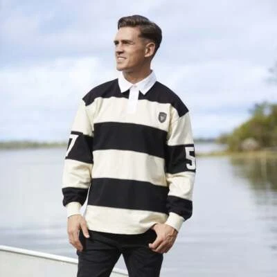 Guinness 男式橄榄球 Polo 衫黑色奶油色长袖条纹 100% 棉 — 第 1/4 张图片