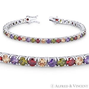 4 mm Corte Redondo Arco Iris de Cristal Circonio Plata Esterlina 0,925 con Pulsera de Tenis de Rodio - Imagen 1 de 3