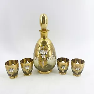 Vintage Amber Tre Fuochi Murano Hand Blown Decanter 4 Glasses Venetian Glass Set - Picture 1 of 12