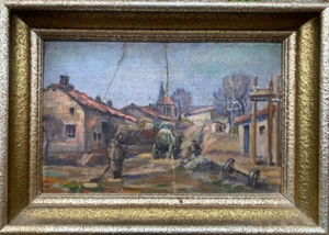 Oil painting courtyard view with village panorama with market carts and people - Picture 1 of 5