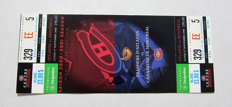 Original 2000 Nov. 27th. NHL Montreal Canadiens vs Atlanta Hockey Ticket Stub Cover