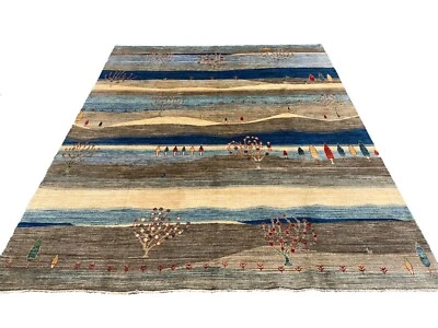 Шерстяной небольшой ковер ручной вязки племенной афганский Gabbeh серый синий пейзаж 8 x 10 футов - Изображение 1 из 4