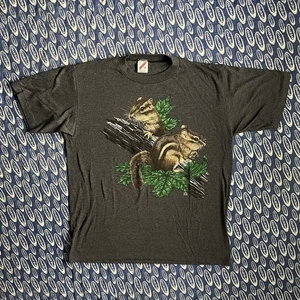 Vintage 90s Jerzees Nature Animal Squirrel Chipmunk T Shirt Size Large Gray - Picture 1 of 10
