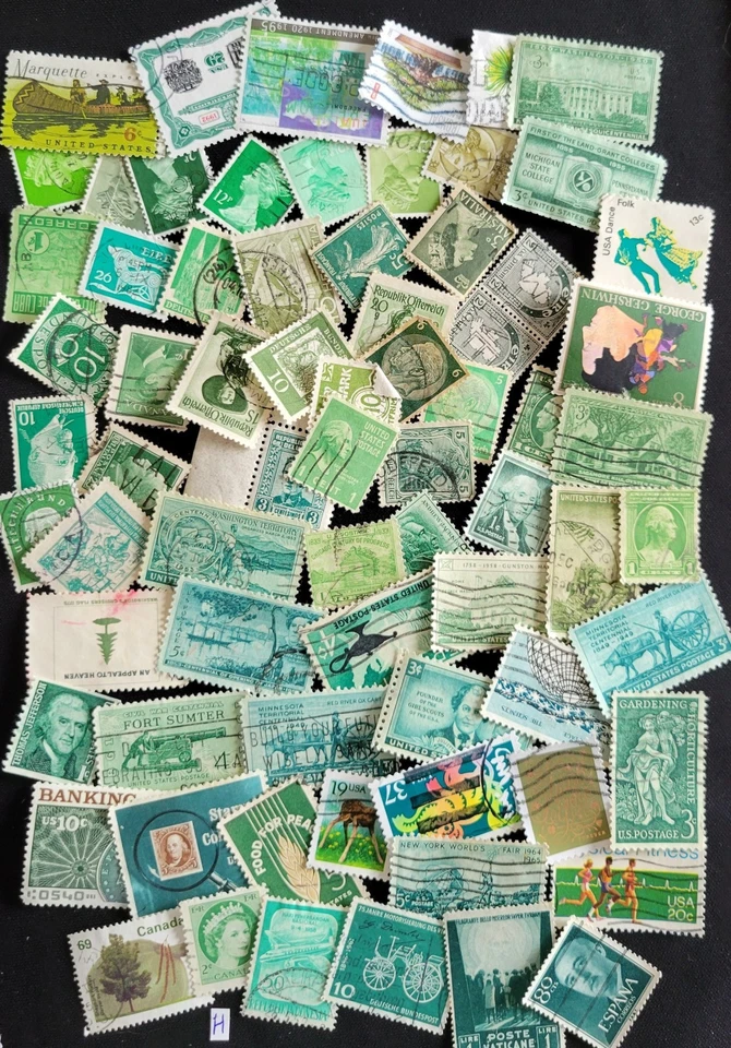 Зеленые 💚 Почтовые марки для рукоделия или коллекционирования лот из 65 в основном разных марок - Изображение 1 из 1