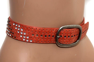 Women's Perforated Yellow Ochre Color Belt w/ Metal Studs Rhinestones  37" Long - Image 1 of 4