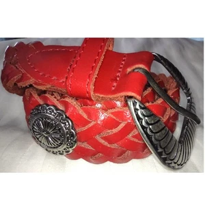 Roter geflochtener Echtledergürtel silberne Schnalle Western-Stil Damengröße 34" - Bild 1 von 8