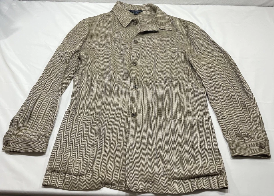 VTG Polo Ralph Lauren Rare Herringbone Linen Coat Cardigan Large Made USA Stains - Image 1 of 4