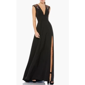 IEENA for Mac Duggal Plunge Neck Empire Waist Beaded Shoulder Gown Sz 2 - Picture 1 of 8
