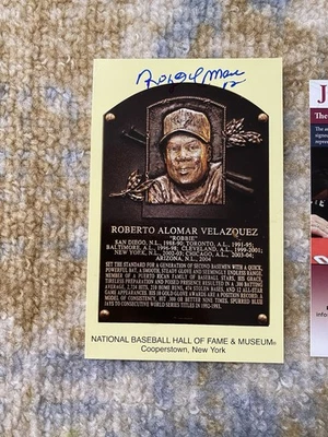 ROBERTO ALOMAR  signed autographed Hall of Fame Gold Plaque Post Card JSA - Image 1 of 4